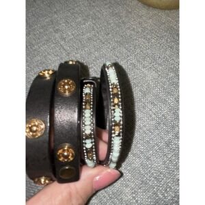 STELLA & DOT‎ 2 Double Wrap Bracelet/Choker Brown Leather Gold Studs + Gold Aqua